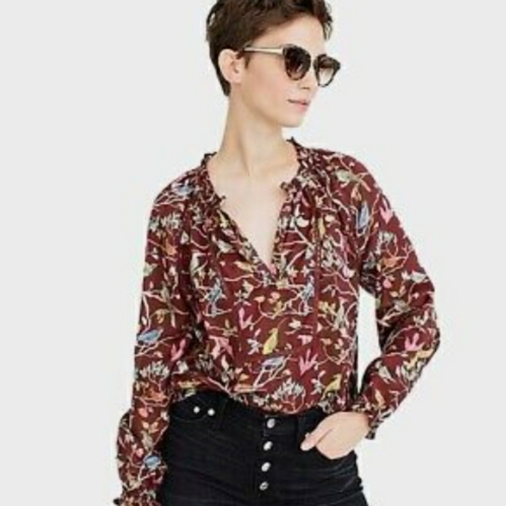 JCrew Point Sur Ruffle-Neck Popover in Menagerie Bird Print Sz Medium
